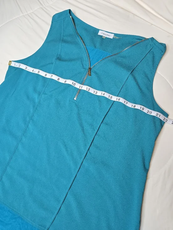 Calvin Klein Teal Sleeveless Blouse XL Gold Zip High Low Top - Picture 7 of 8